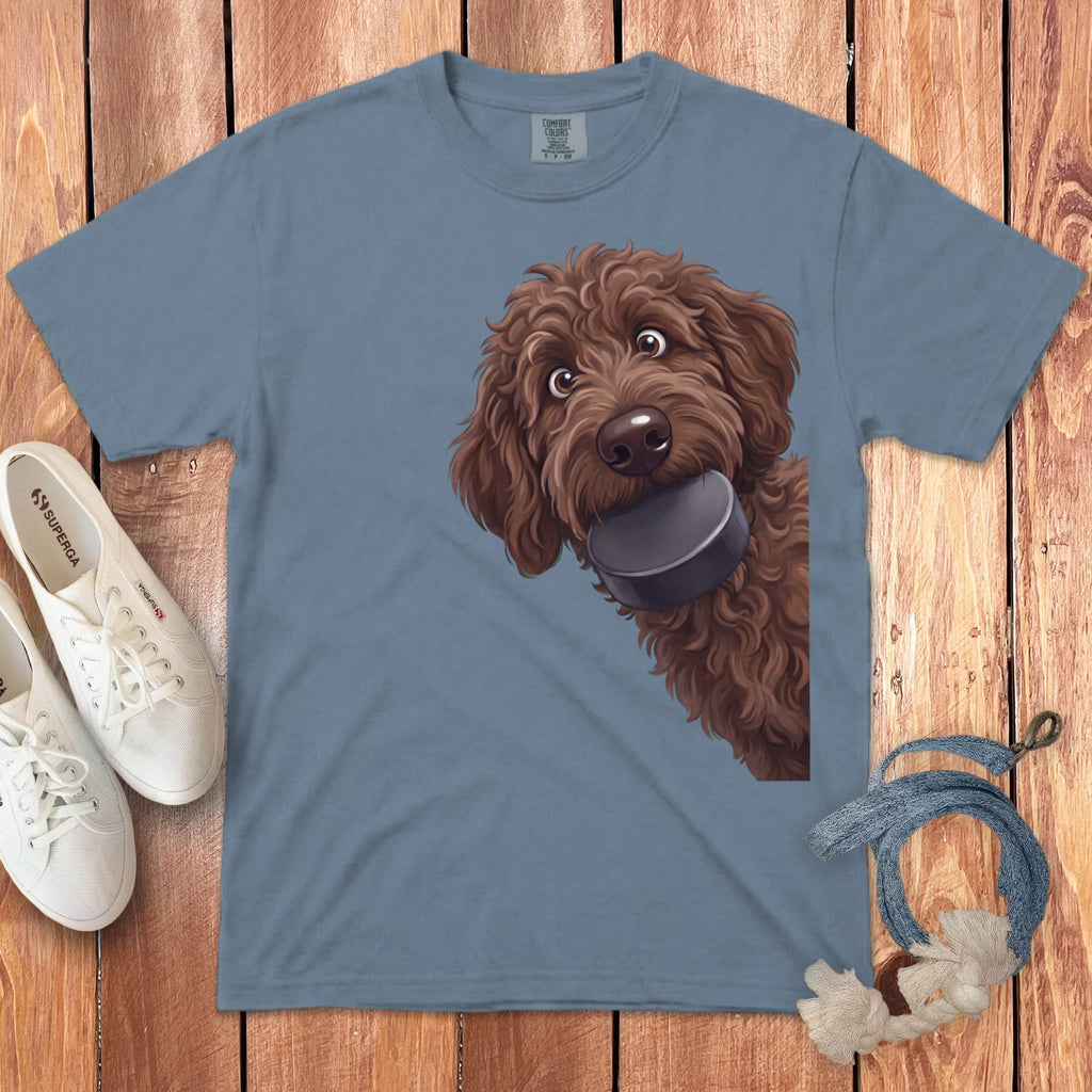 Chocolate Goldendoodle Hockey Puck Signature T-Shirt in Blue Jean / S by Puppy Jo