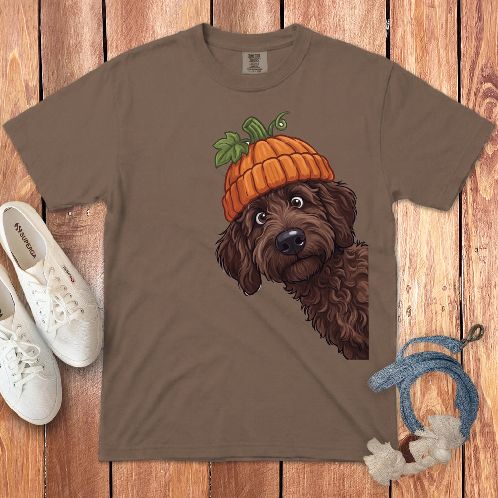 Brown t-shirt with a brown dog wearing a pumpkin hat graphic.