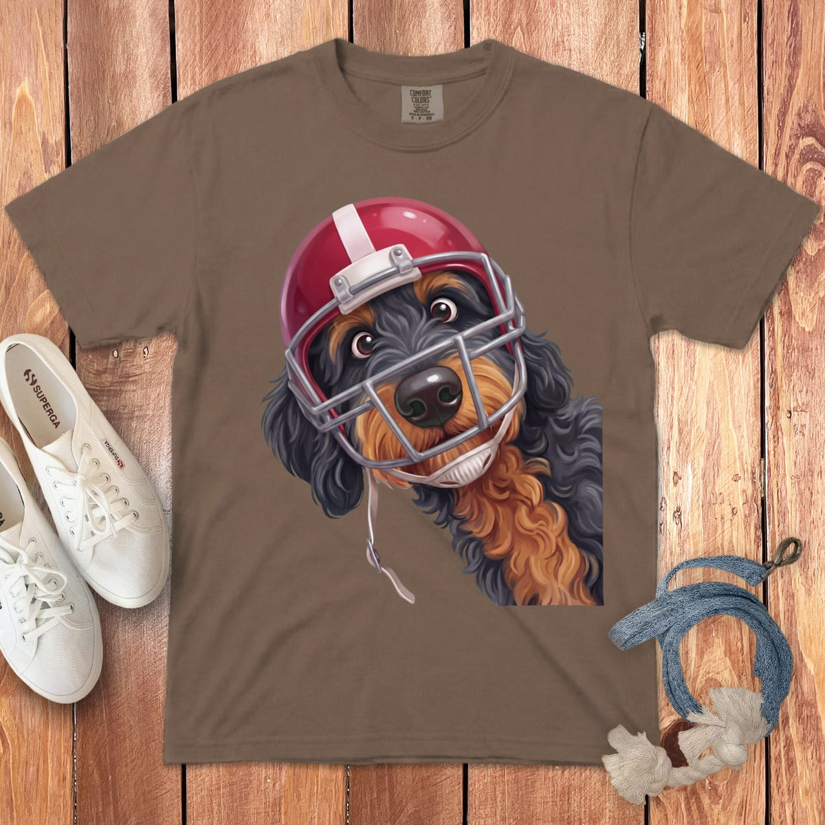 Phantom Goldendoodle Football Helmet Signature T-Shirt in Espresso / S by Puppy Jo
