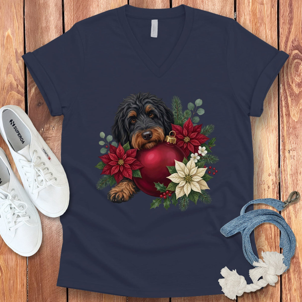 Phantom Goldendoodle Holiday Cheer V-Neck T-Shirt in Navy / S by Puppy Jo