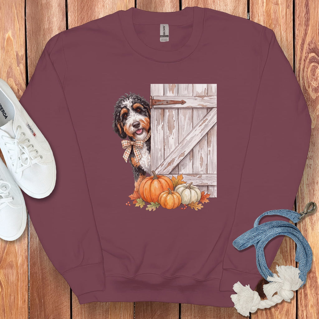 Bernedoodle Barn Peeking Sweatshirt in Maroon / S by Puppy Jo
