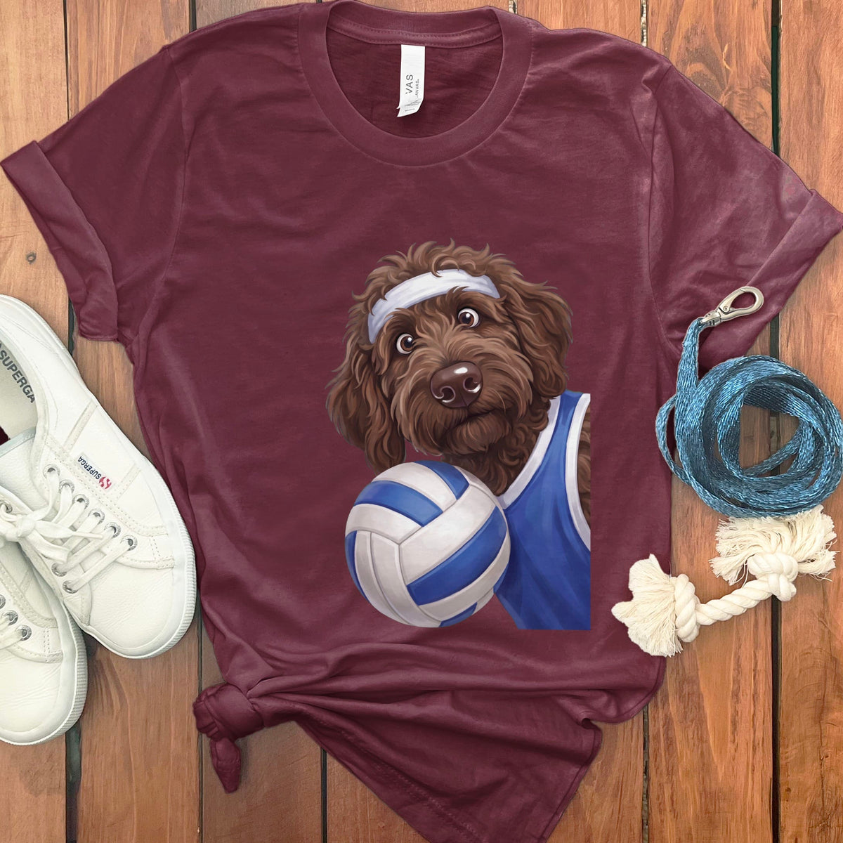 Chocolate Goldendoodle Volleyball Player T-Shirt in Maroon / S by Puppy Jo
