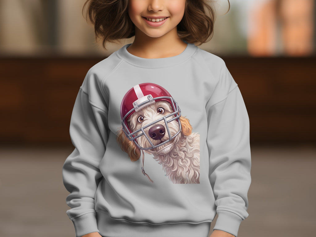 Light gray sweatshirt with a cute doodle dog wearing a red football helmet.
