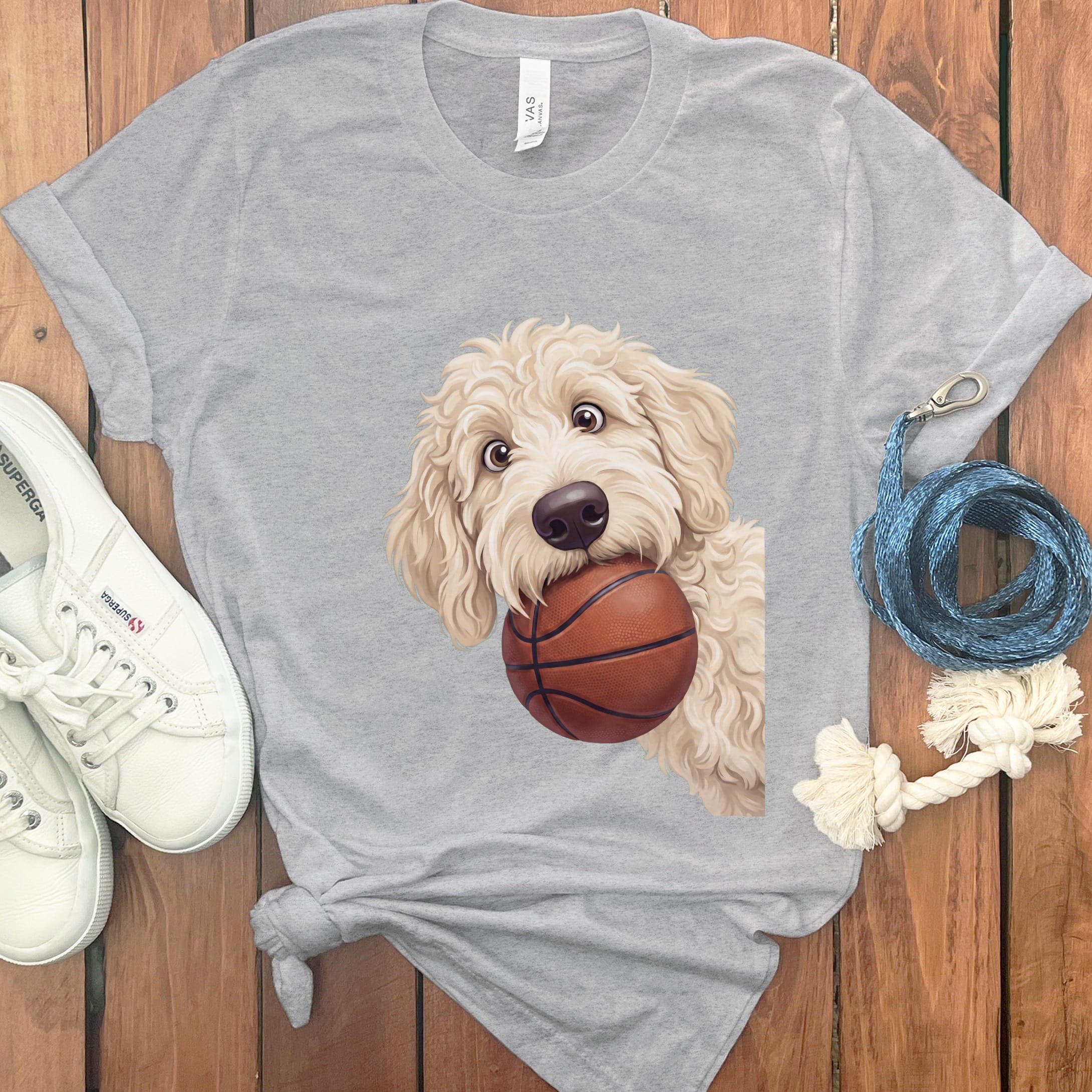Cream Goldendoodle Basketball T-Shirt in Athletic Heather / S by Puppy Jo