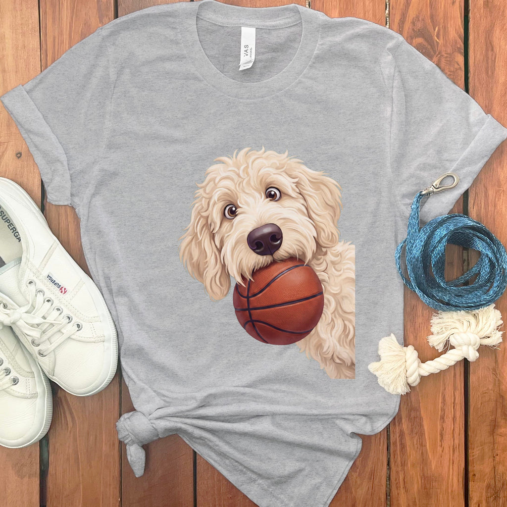 Cream Goldendoodle Basketball T-Shirt in Athletic Heather / S by Puppy Jo