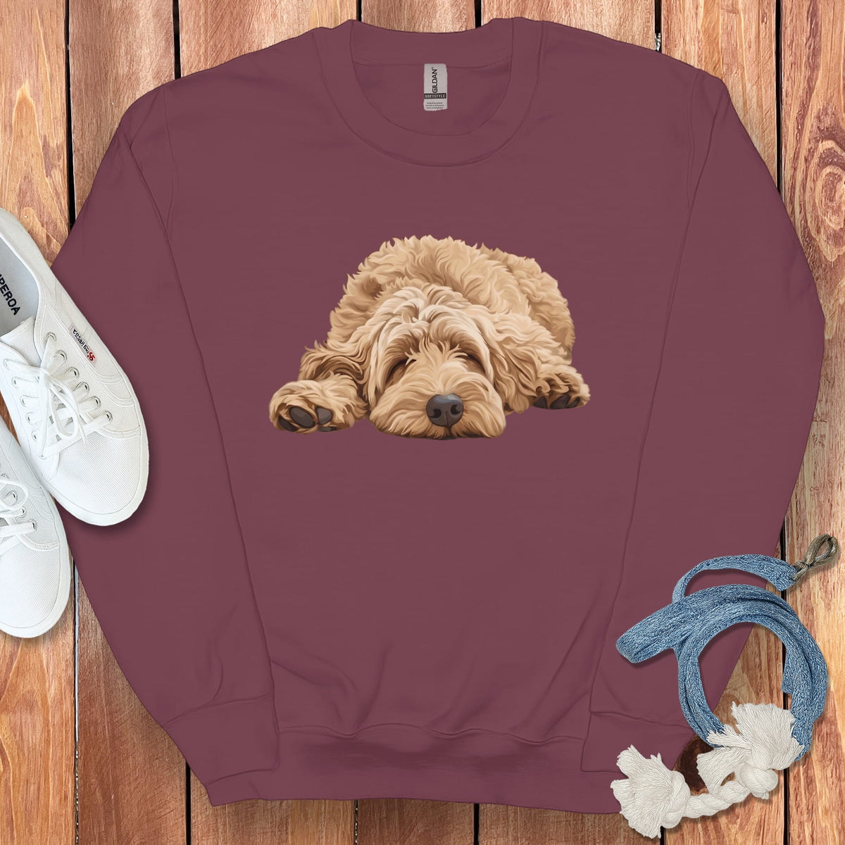 Golden Goldendoodle Snoozing Sweatshirt in Maroon / S by Puppy Jo