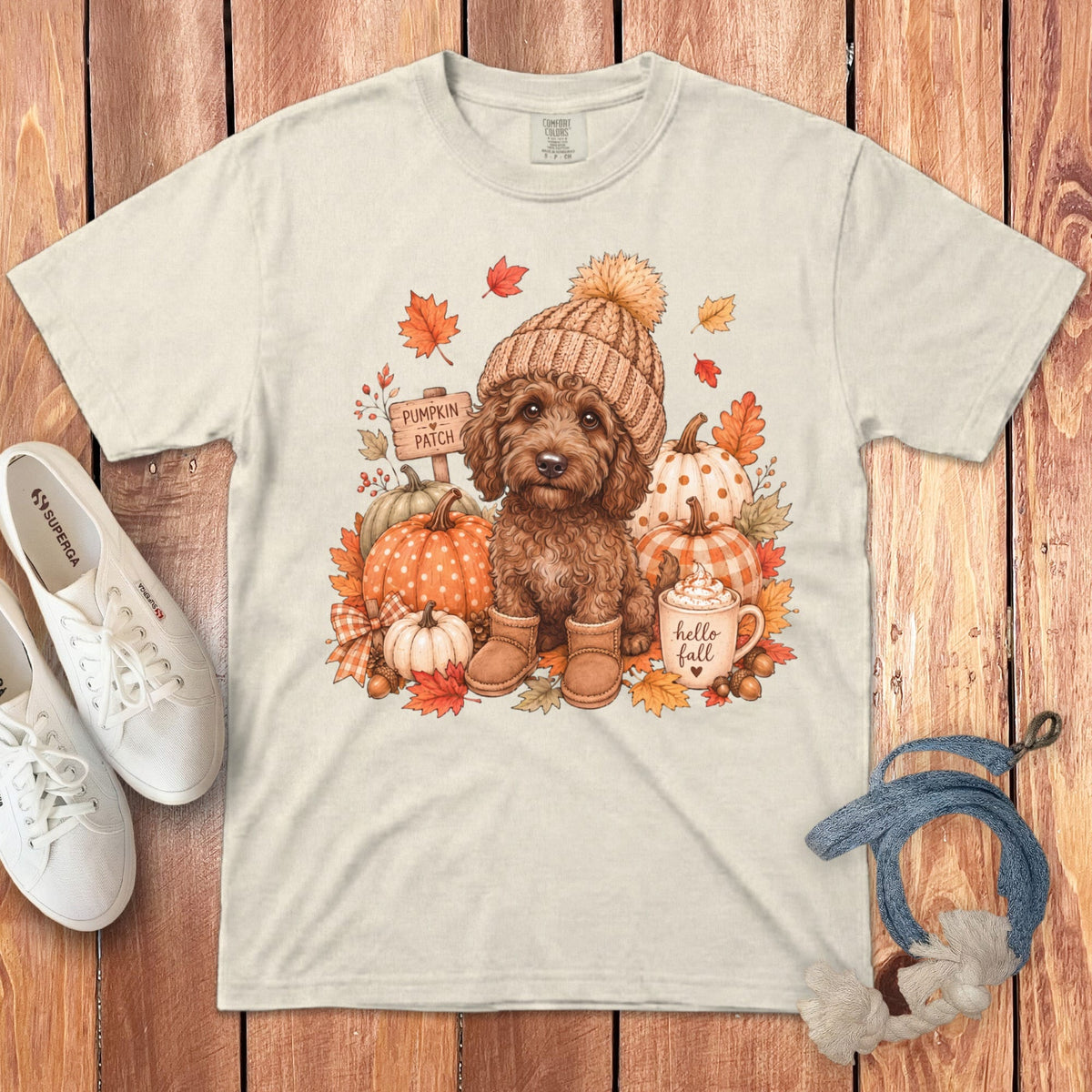 Chocolate Goldendoodle Pumpkin Patch Signature T-Shirt in Ivory / S by Puppy Jo