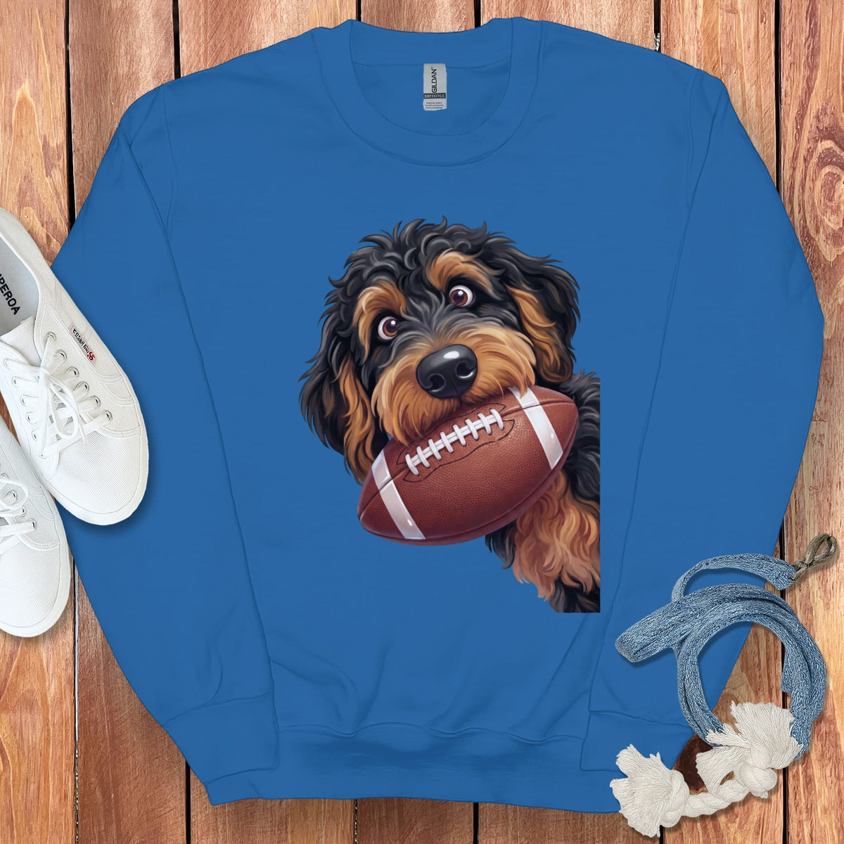 Blue sweatshirt with a cartoon doodle dog holding a football.