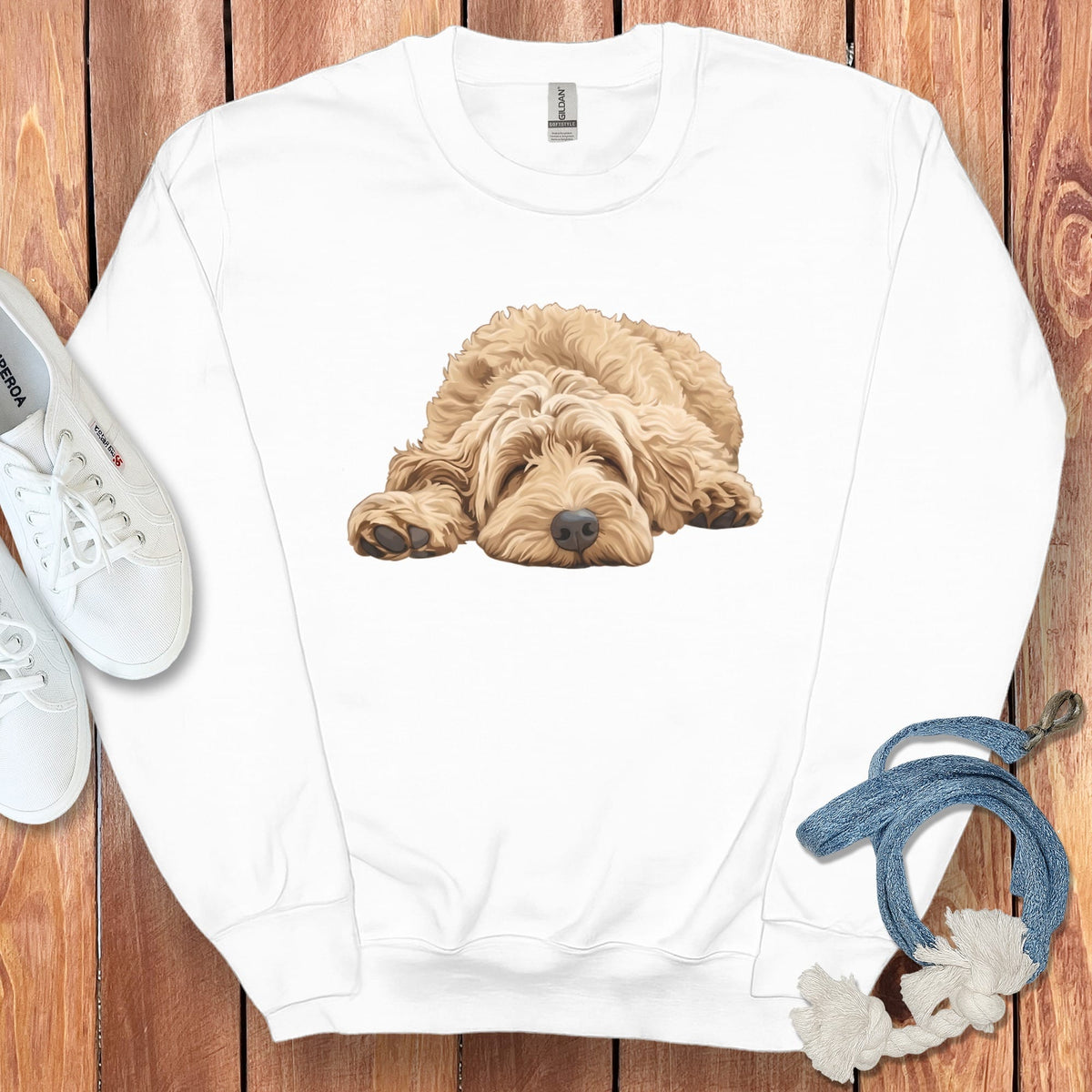 Golden Goldendoodle Snoozing Sweatshirt in White / S by Puppy Jo
