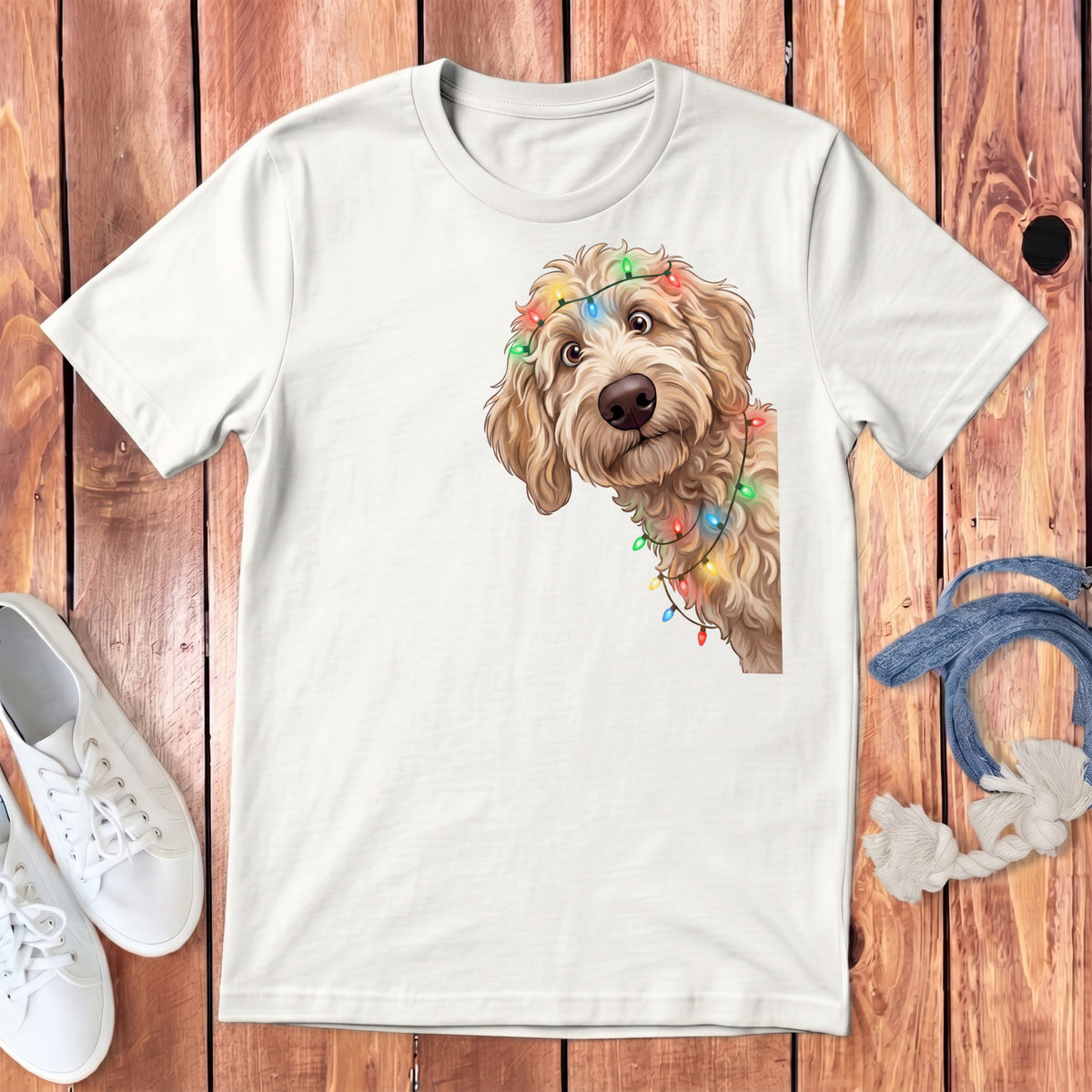 White t-shirt with cartoon dog wearing festive Christmas lights.