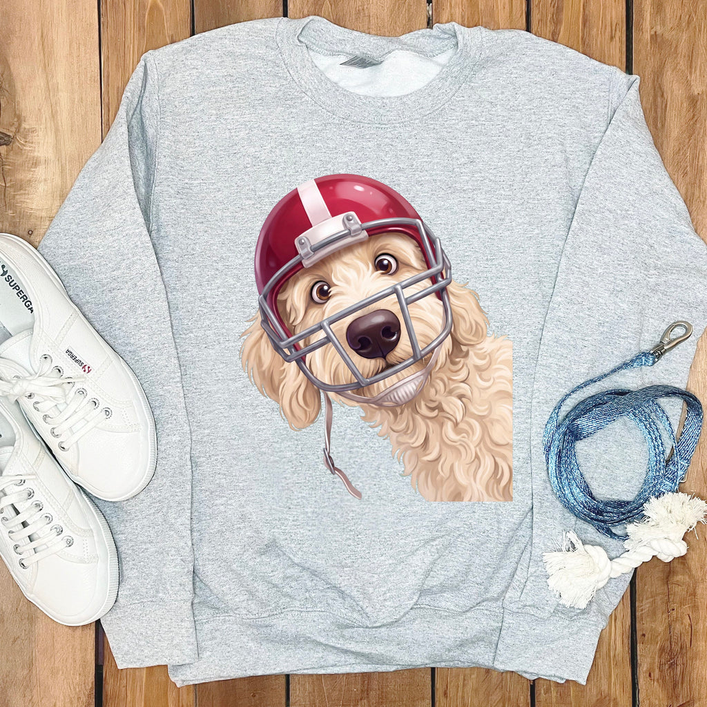 Cream Goldendoodle Football Helmet Sweatshirt in Sport Grey / S by Puppy Jo