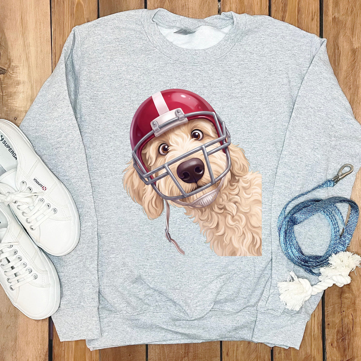 Cream Goldendoodle Football Helmet Sweatshirt in Sport Grey / S by Puppy Jo