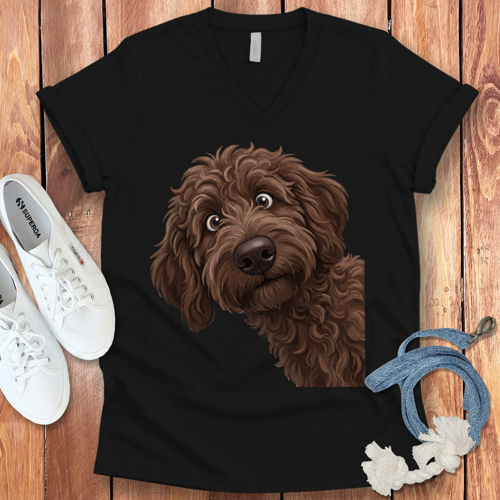 Funny Peeking Chocolate Goldendoodle V-Neck T-Shirt in Black / S by Puppy Jo