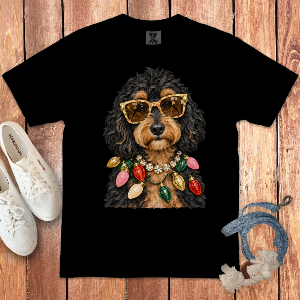 Black t-shirt featuring a dog wearing sunglasses and a string of colorful Christmas lights.