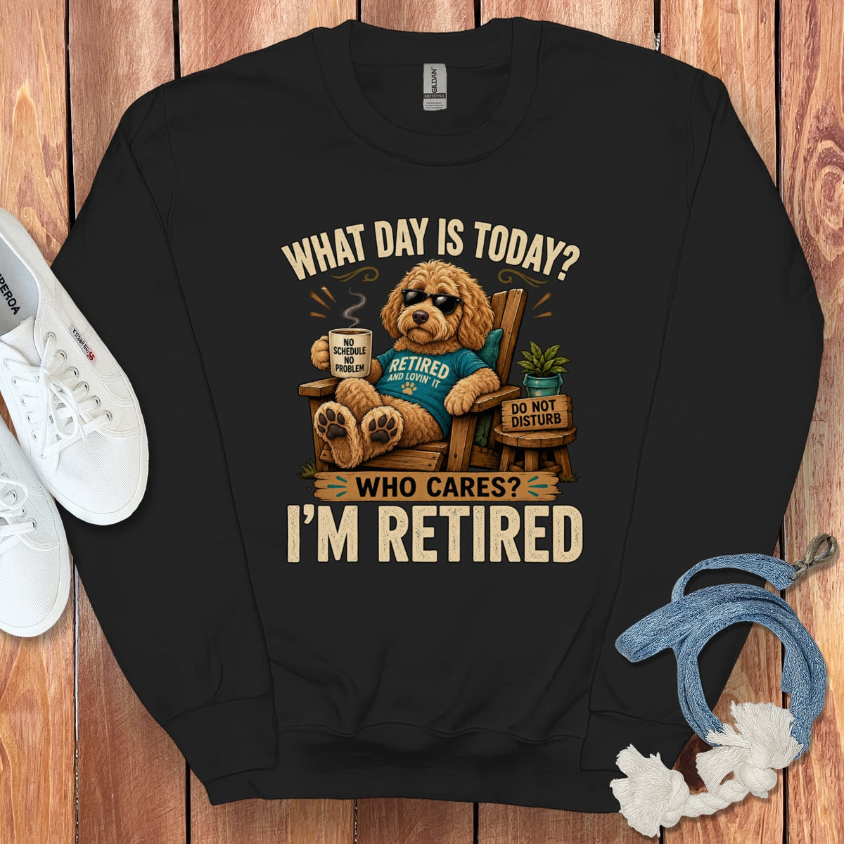 I'm Retired Apricot Goldendoodle Sweatshirt in Black / S by Puppy Jo