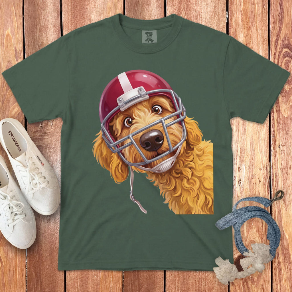 Golden Goldendoodle Football Helmet Signature T-Shirt in Blue Spruce / S by Puppy Jo
