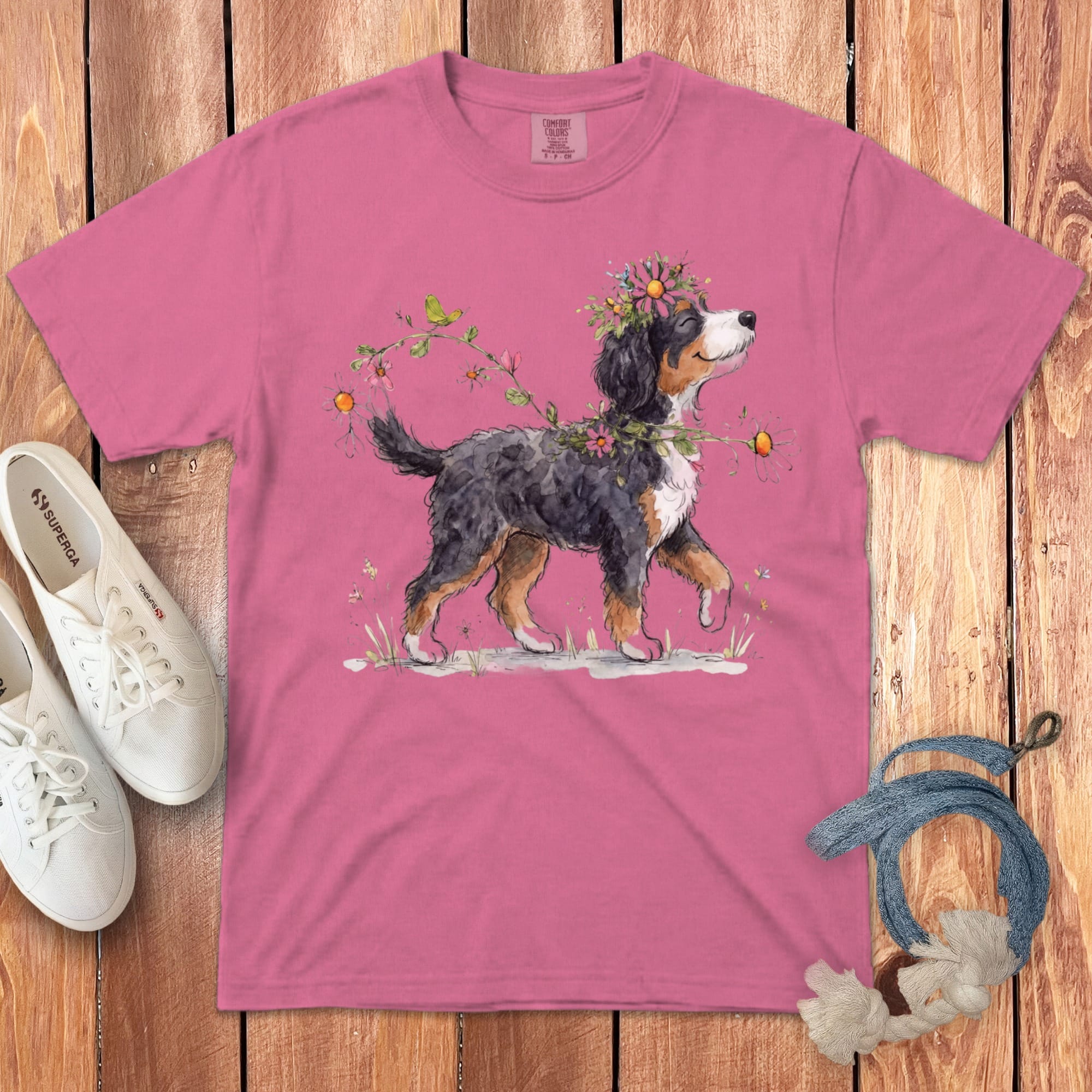 Bernese Mountain Dog wearing a floral crown on a pink t-shirt.