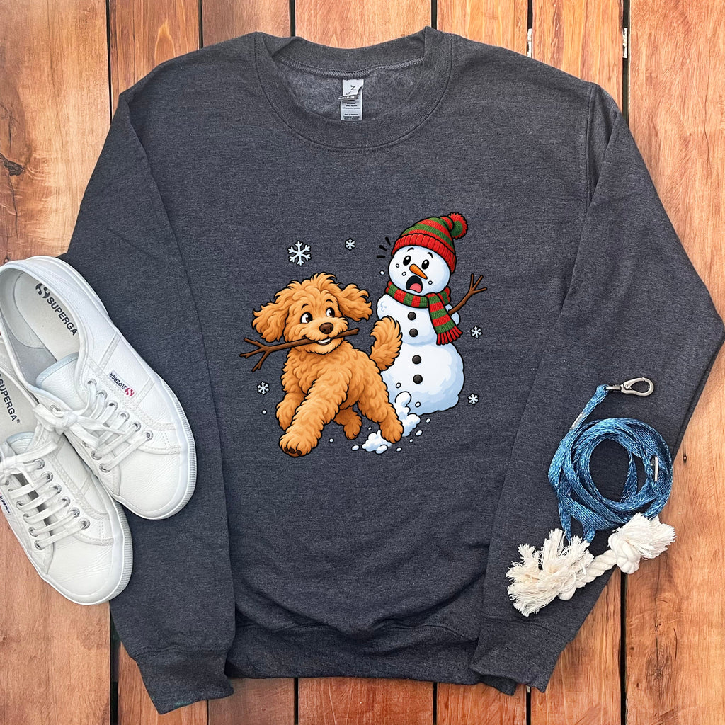 Golden Goldendoodle Snowman Sweatshirt in Dark Heather / S by Puppy Jo