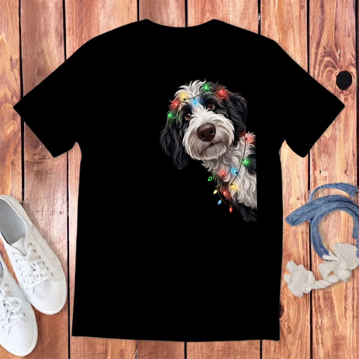 Black t-shirt with a black and white dog wearing colorful Christmas lights.