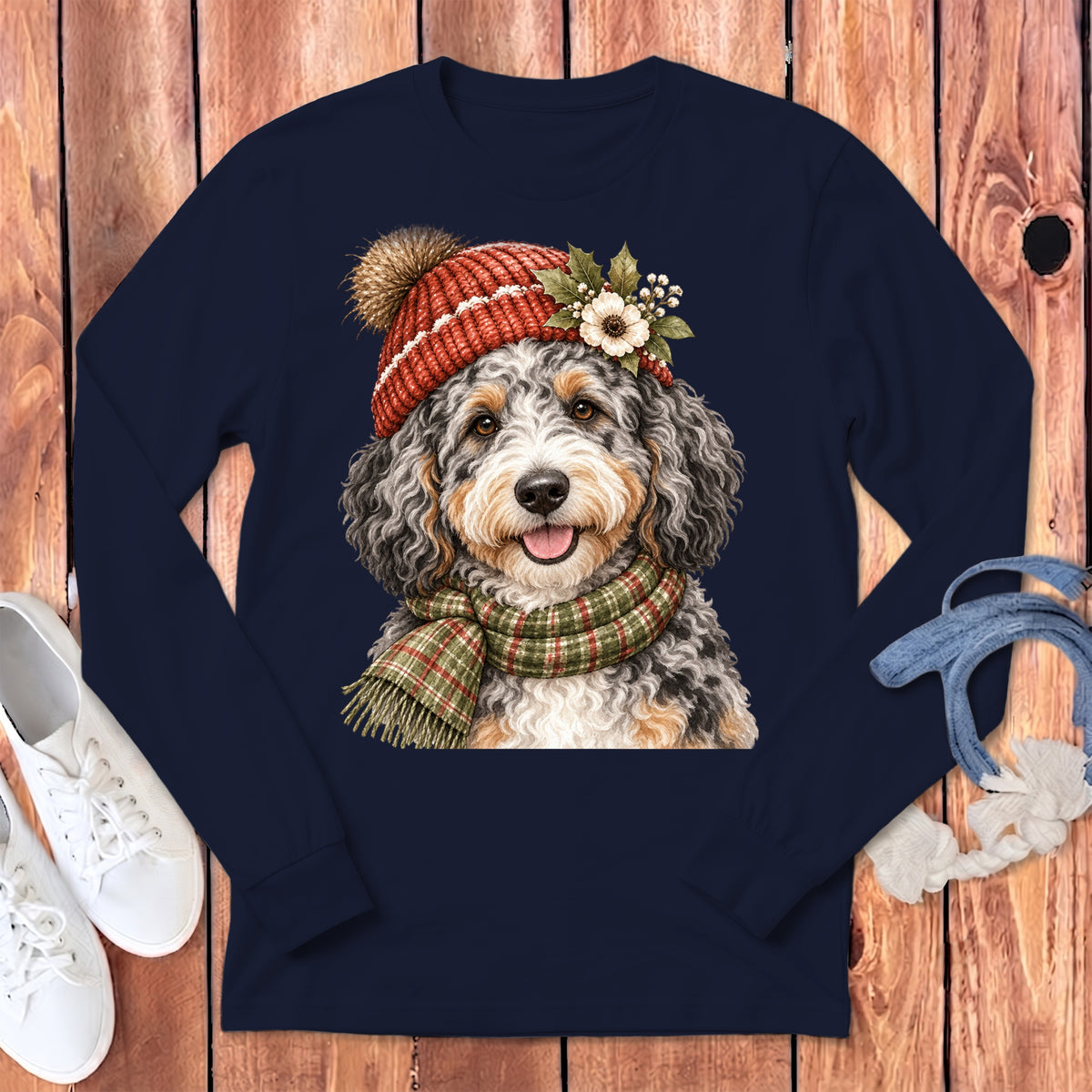 Doodle dog wearing a knitted hat and plaid scarf, front view.