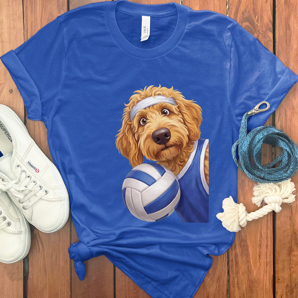 Apricot Goldendoodle Volleyball Player T-Shirt in True Royal / S by Puppy Jo