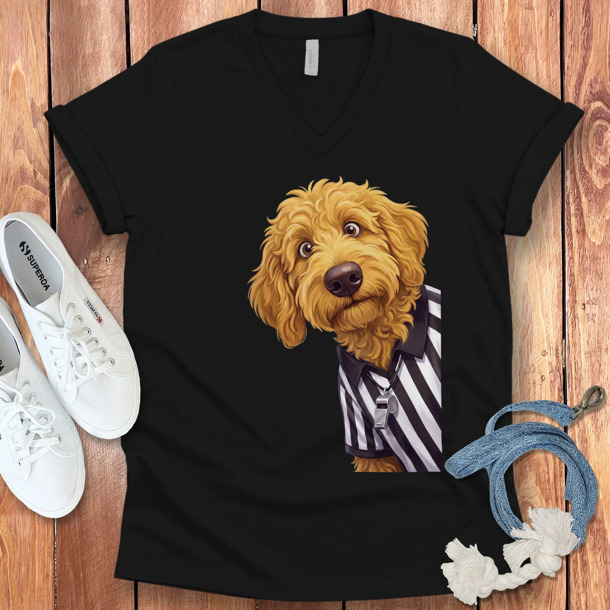 Golden Goldendoodle Football Referee V-Neck T-Shirt in Black / S by Puppy Jo