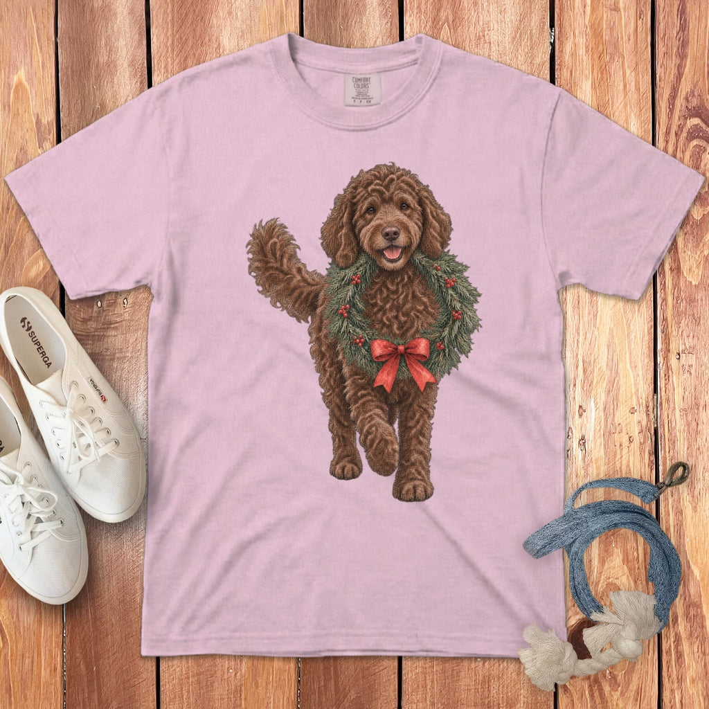 Chocolate Goldendoodle Wreath Signature T-Shirt in Blossom / S by Puppy Jo