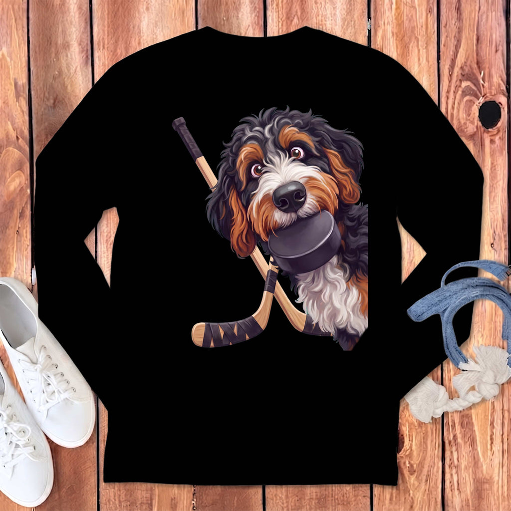 Bernedoodle Hockey Long Sleeve T-Shirt in Black / S by Puppy Jo