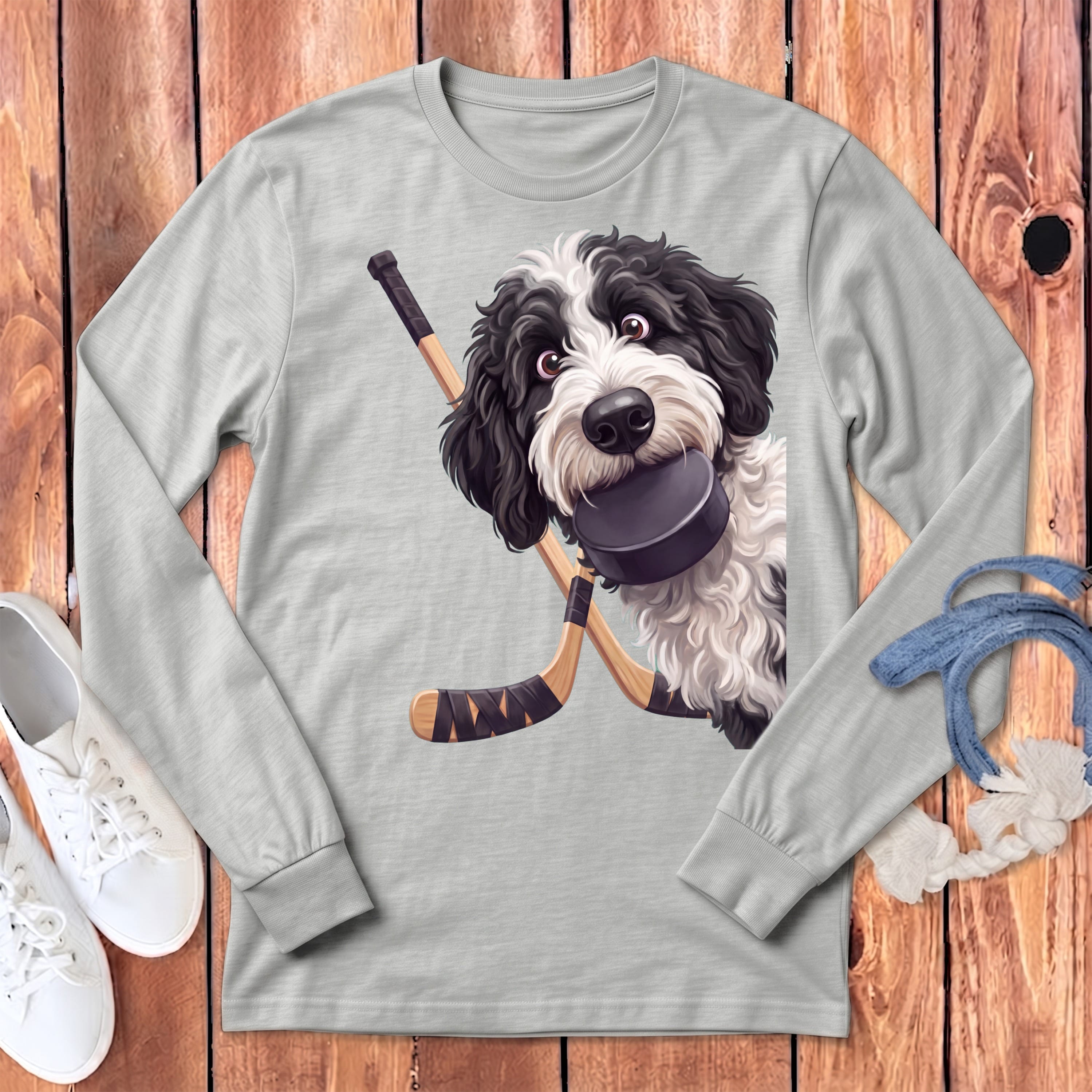 Sheepadoodle Hockey Long Sleeve T-Shirt in Athletic Heather / S by Puppy Jo