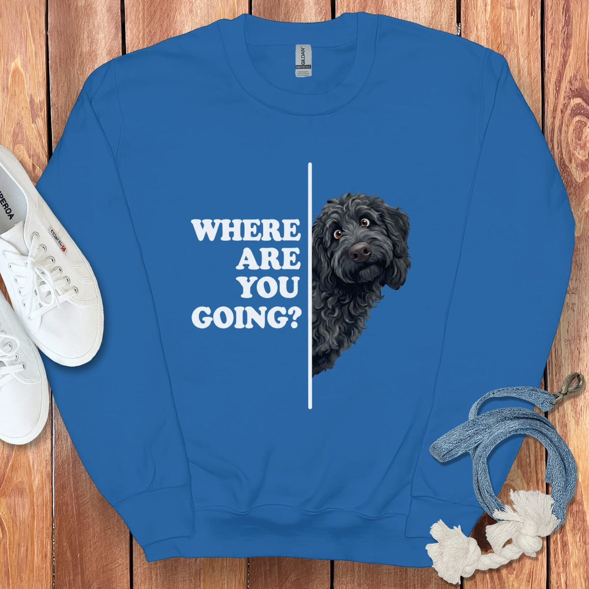 Where Going Black Goldendoodle Sweatshirt in Royal / S by Puppy Jo