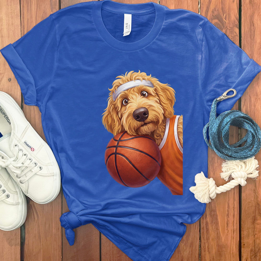 Golden Goldendoodle Basketball Player T-Shirt in True Royal / S by Puppy Jo