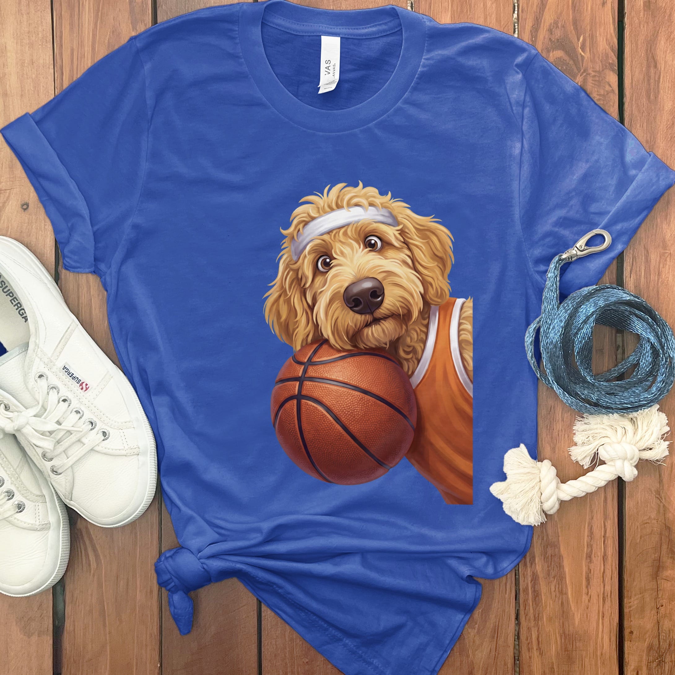 Golden Goldendoodle Basketball Player T-Shirt in True Royal / S by Puppy Jo