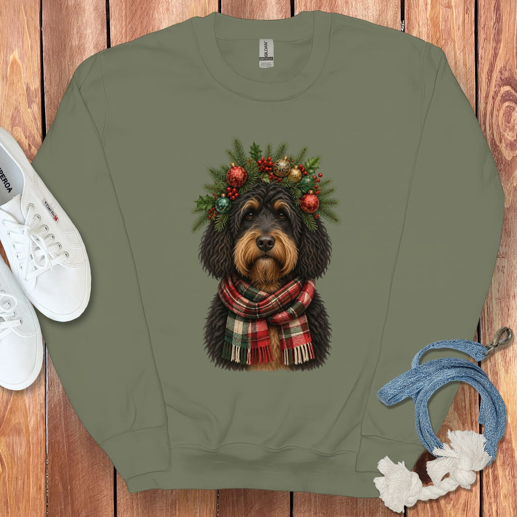 Phantom Goldendoodle Holiday Crown Sweatshirt in Military Green / S by Puppy Jo