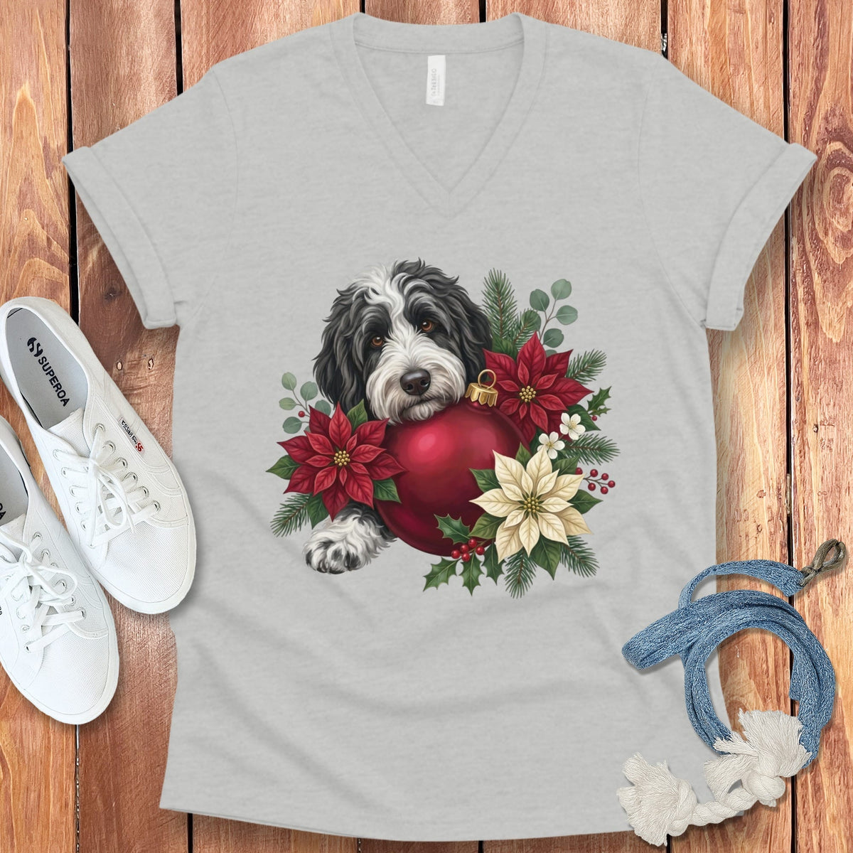 Sheepadoodle Holiday Cheer V-Neck T-Shirt in Athletic Heather / S by Puppy Jo