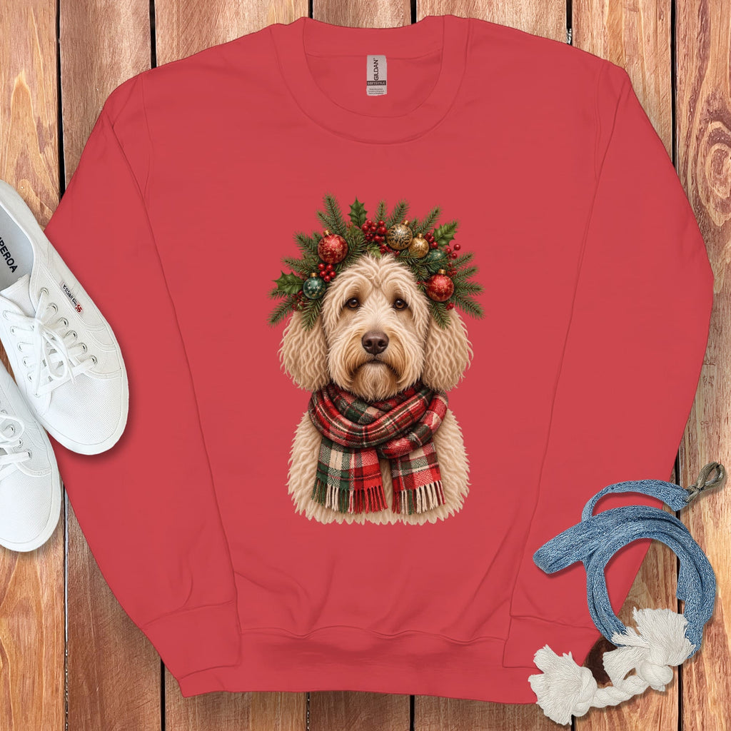 Cream Goldendoodle Holiday Crown Sweatshirt in Red / S by Puppy Jo