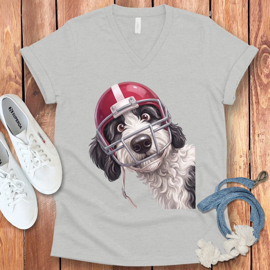 Sheepadoodle Football Helmet V-Neck T-Shirt in Athletic Heather / S by Puppy Jo