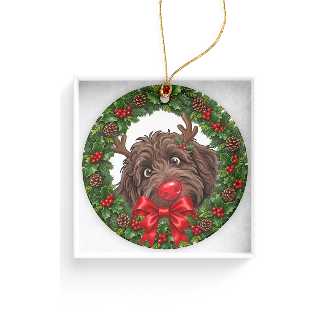 Peeking Rudolph Chocolate Goldendoodle Ornament