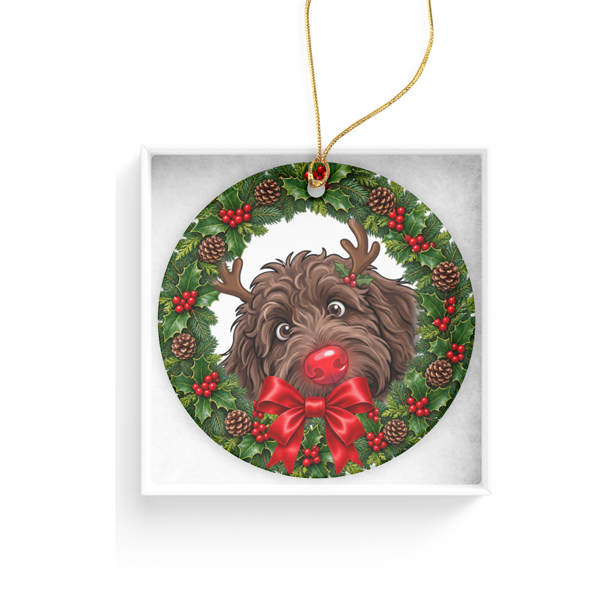 Peeking Rudolph Chocolate Goldendoodle Ornament