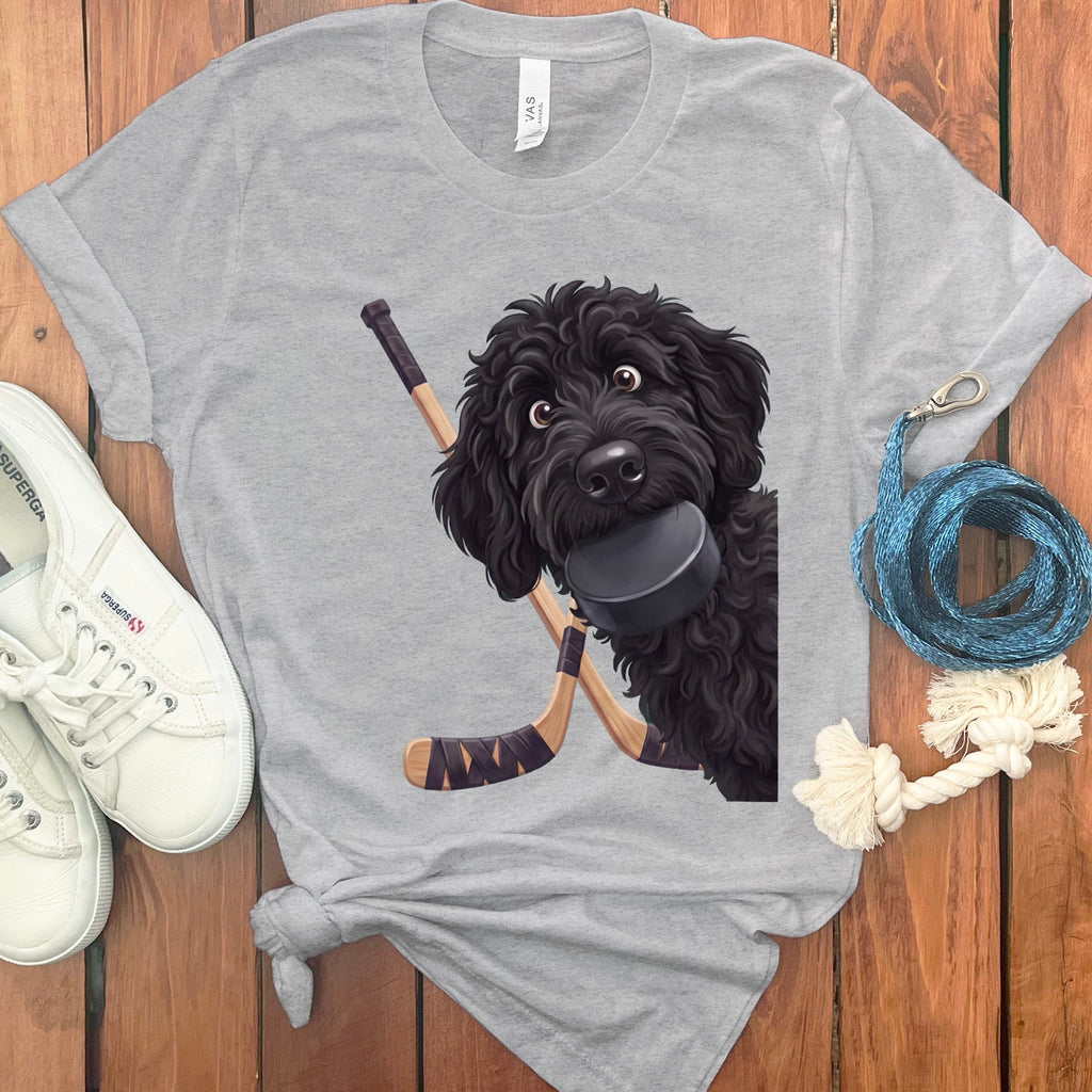 Black Goldendoodle Hockey T-Shirt in Athletic Heather / S by Puppy Jo