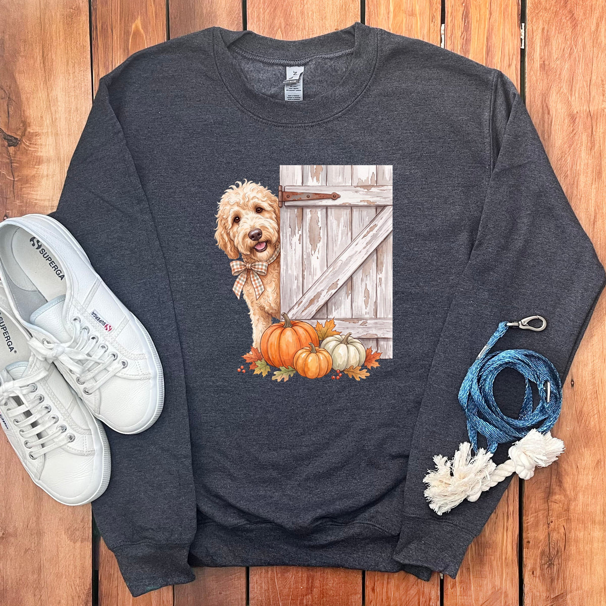 Cream Goldendoodle Barn Peeking Sweatshirt in Dark Heather / S by Puppy Jo