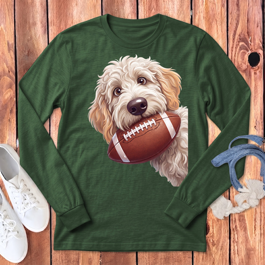 Fluffy golden doodle dog holds a football on a long-sleeved green t-shirt.