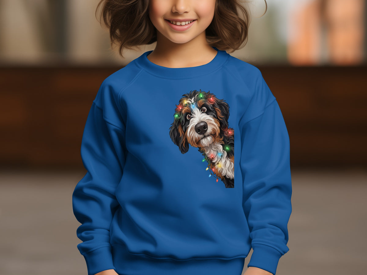 Bernese Mountain Dog with colorful Christmas lights on blue sweatshirt.