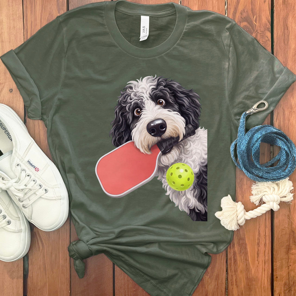 Sheepadoodle Pickleball T-Shirt in Military Green / S by Puppy Jo