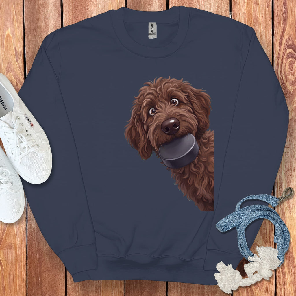 Chocolate Goldendoodle Hockey Puck Sweatshirt in Navy / S by Puppy Jo