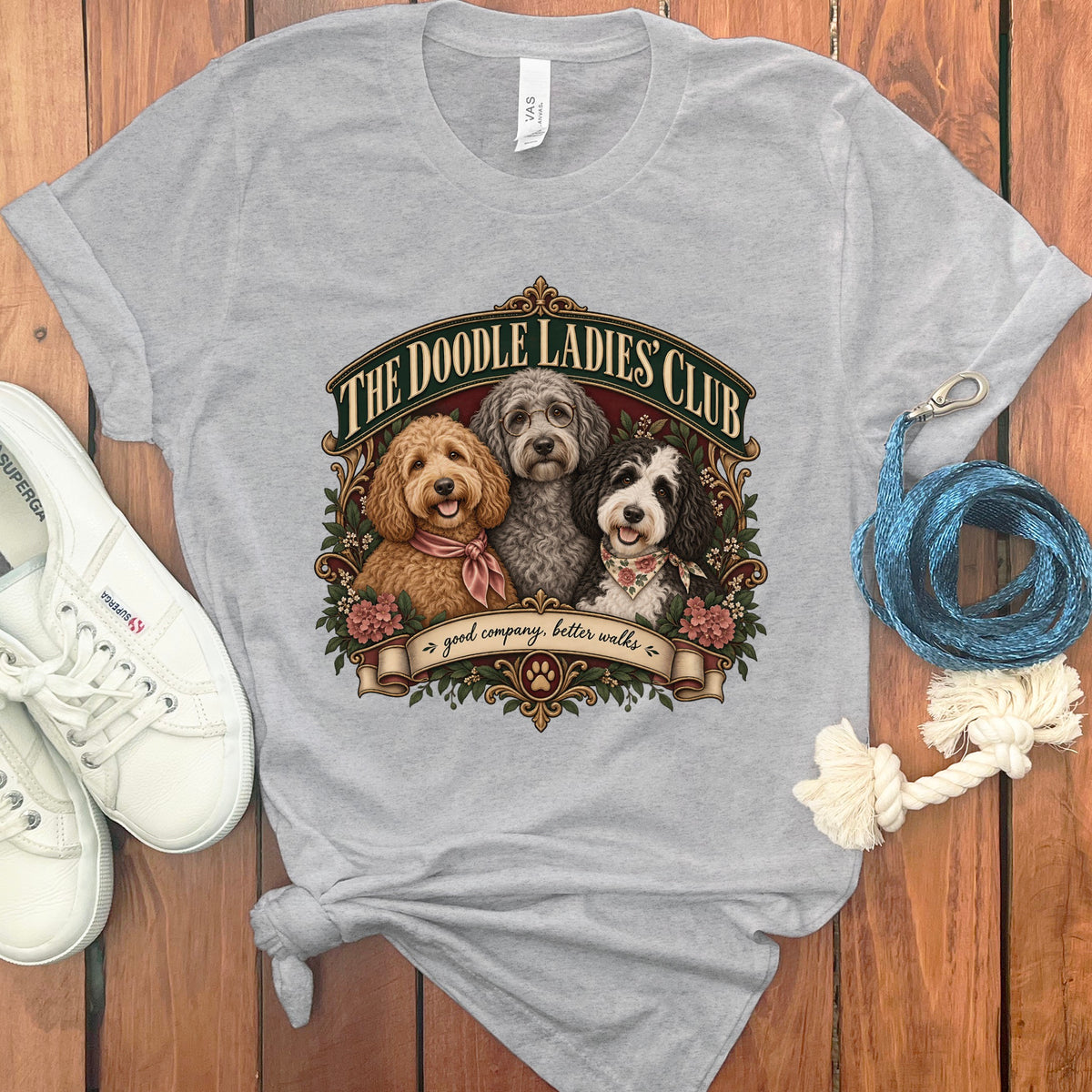 Gray t-shirt featuring "The Doodle Ladies' Club" with three doodles and "good company, better walks."