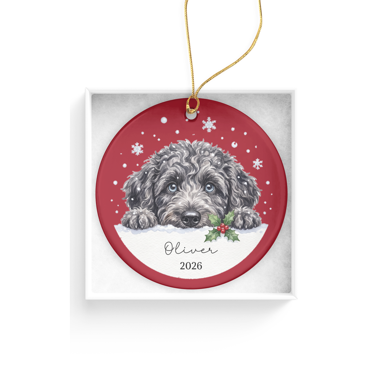 Peeking Snow Merle Goldendoodle Ornament