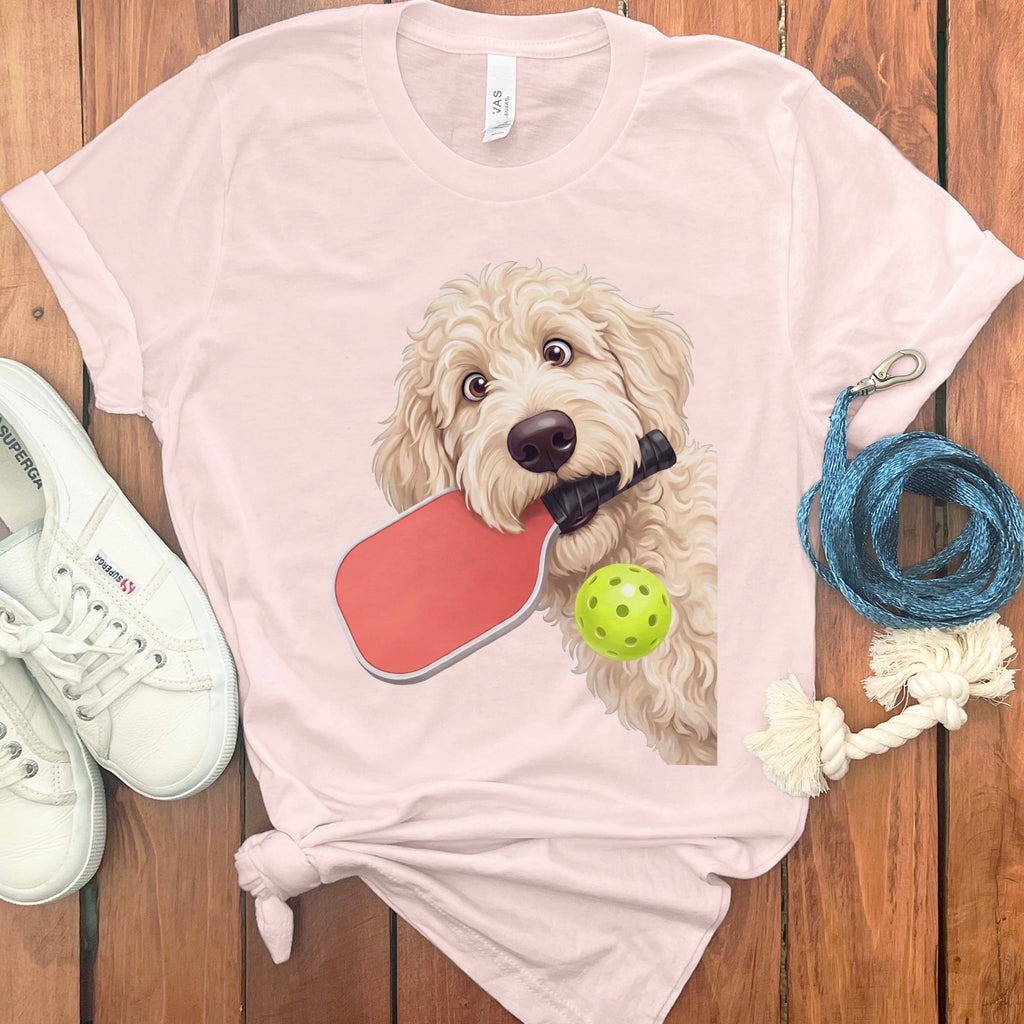 Cream Goldendoodle Pickleball T-Shirt in Soft Pink / S by Puppy Jo