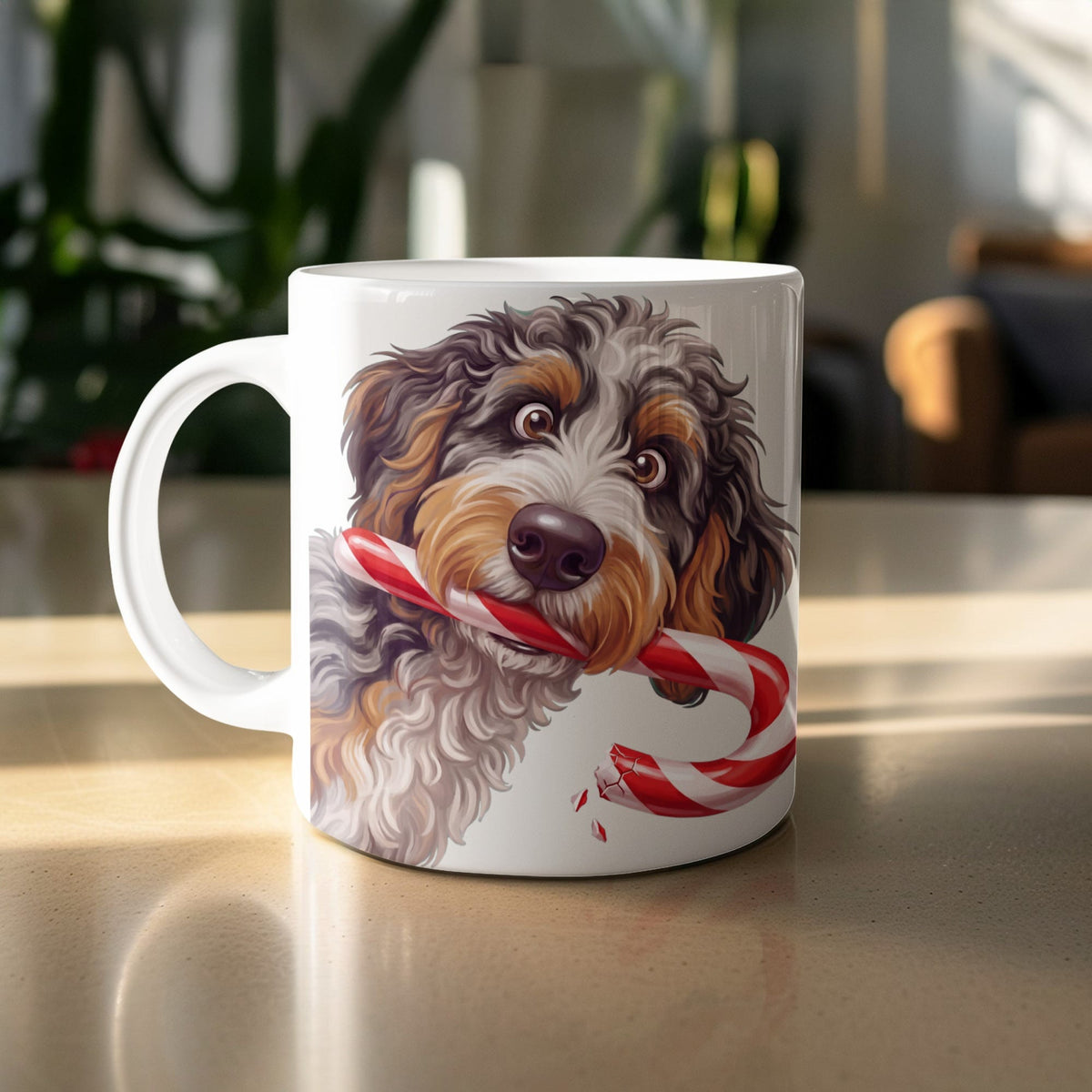 Aussiedoodle Candy Cane Thief Mug in by Puppy Jo