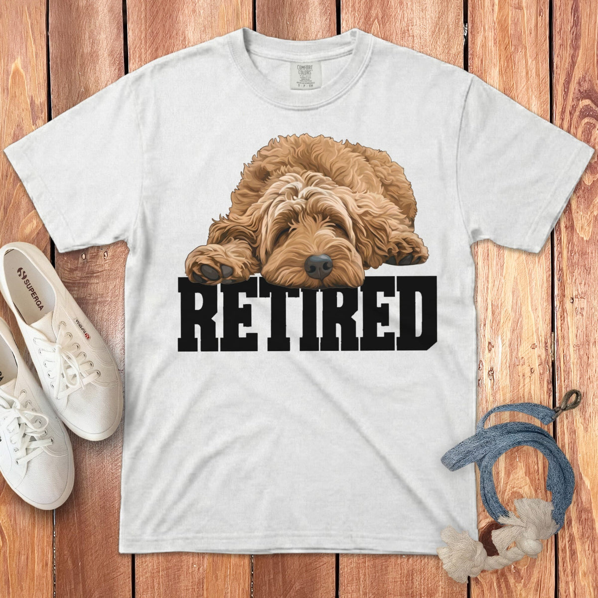 Retired Sleeping Apricot Goldendoodle Signature T-Shirt in White / S by Puppy Jo