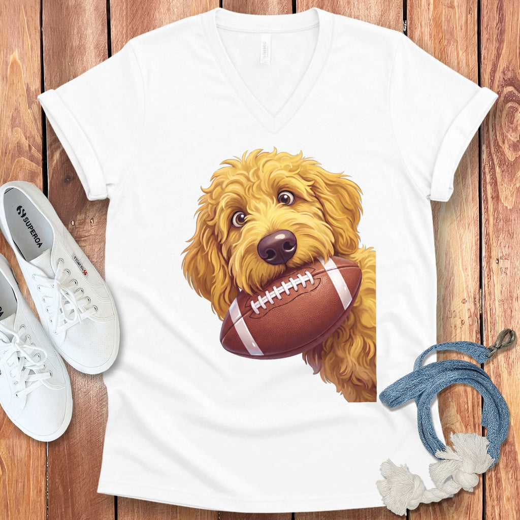 Golden Goldendoodle Football V-Neck T-Shirt in White / S by Puppy Jo
